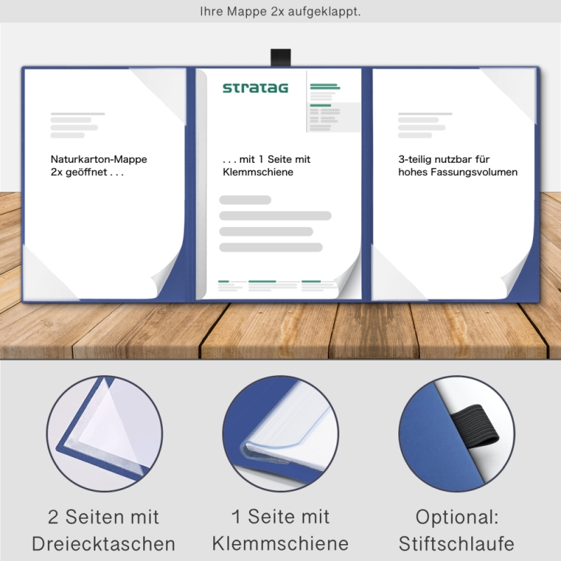 Naturkarton-Mappe 3-teilig in Königsblau mit 2 Seiten Dreiecktaschen und 1 Klemmschiene