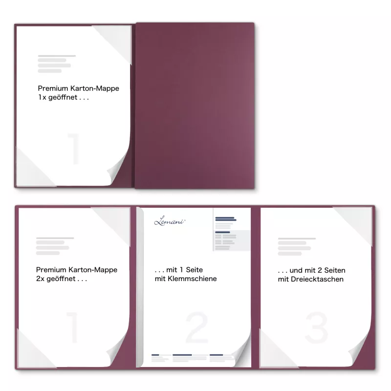 Premium Karton-Mappe 3-teilig in Bordeaux mit 2 Seiten Dreiecktaschen und 1 Klemmschiene
