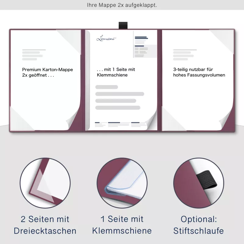 Premium Karton-Mappe 3-teilig in Bordeaux mit 2 Seiten Dreiecktaschen und 1 Klemmschiene