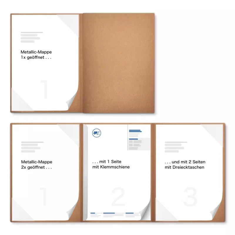 Karton-Mappe mit Metallic-Effekt 3-teilig in Kupfer mit 2 Seiten Dreiecktaschen und 1 Klemmschiene