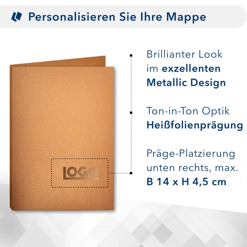 Karton-Mappe mit Metallic-Effekt 3-teilig in Kupfer mit 2 Seiten Dreiecktaschen und 1 Klemmschiene