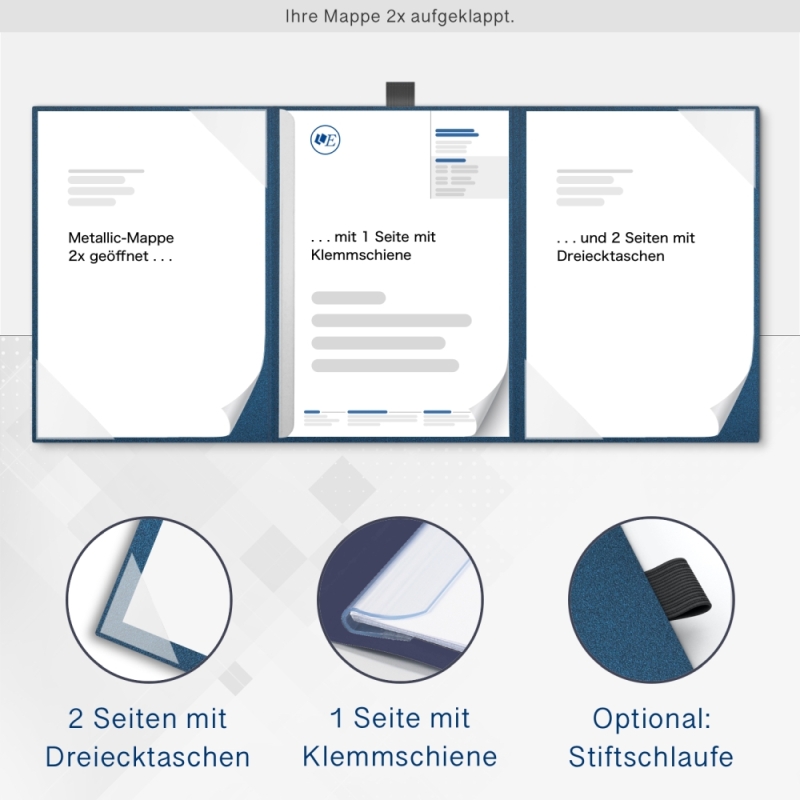 Karton-Mappe mit Metallic-Effekt 3-teilig in Nachtblau mit 2 Seiten Dreiecktaschen und 1 Klemmschiene