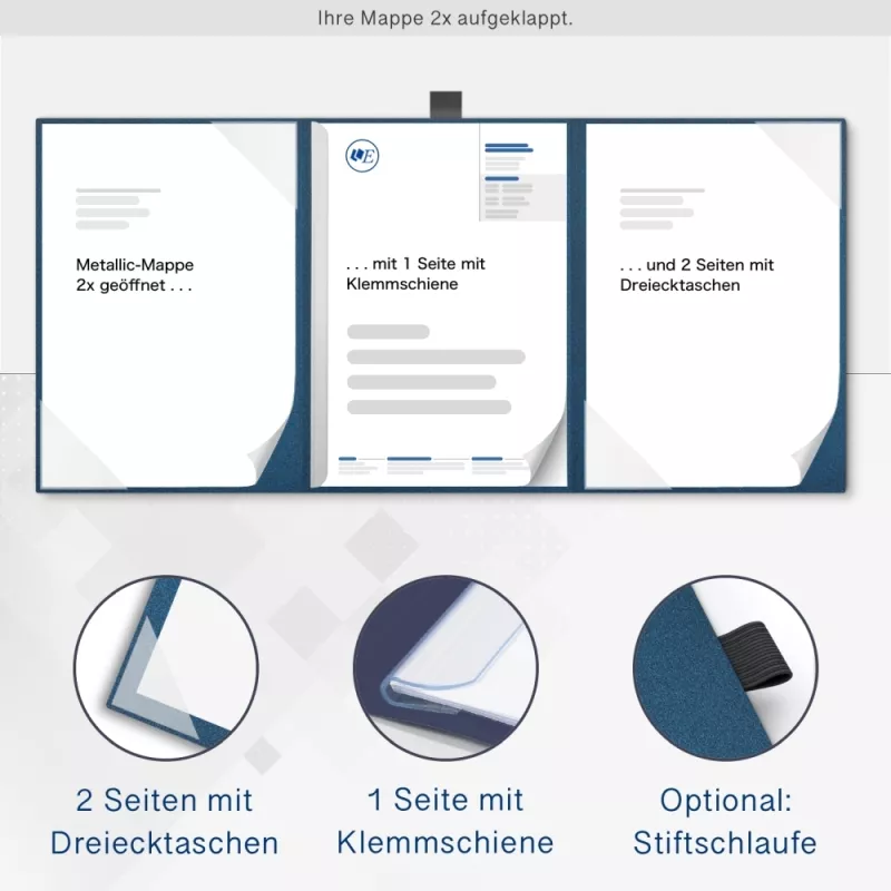 Karton-Mappe mit Metallic-Effekt 3-teilig in Nachtblau mit 2 Seiten Dreiecktaschen und 1 Klemmschiene