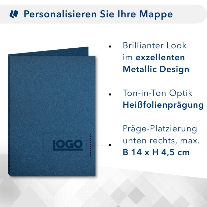 Karton-Mappe mit Metallic-Effekt 3-teilig in Nachtblau mit 2 Seiten Dreiecktaschen und 1 Klemmschiene