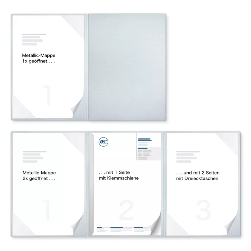 Karton-Mappe mit Metallic-Effekt 3-teilig in Silber mit 2 Seiten Dreiecktaschen und 1 Klemmschiene