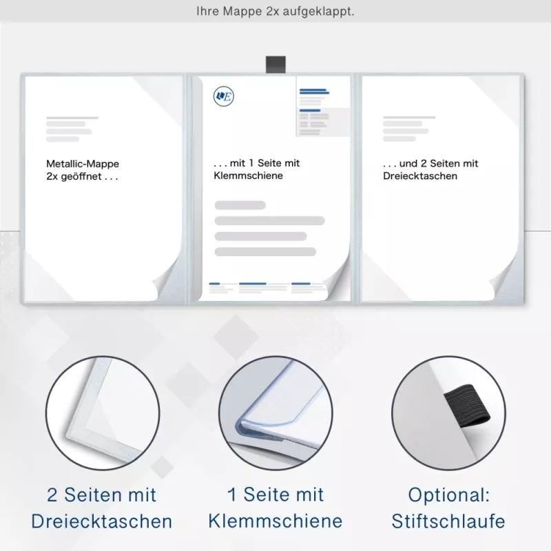 Karton-Mappe mit Metallic-Effekt 3-teilig in Silber mit 2 Seiten Dreiecktaschen und 1 Klemmschiene