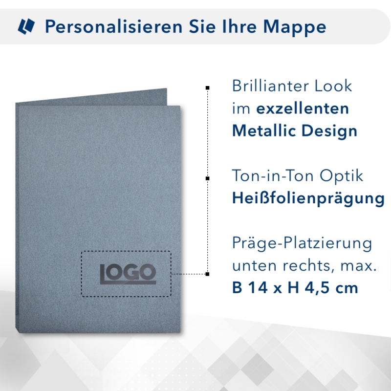 Karton-Mappe mit Metallic-Effekt 3-teilig in Zink mit 2 Seiten Dreiecktaschen und 1 Klemmschiene