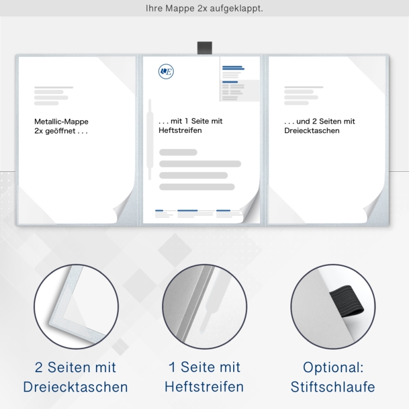 Karton-Mappe mit Metallic-Effekt 3-teilig in Silber mit 2 Seiten Dreiecktaschen und 1 Heftstreifen