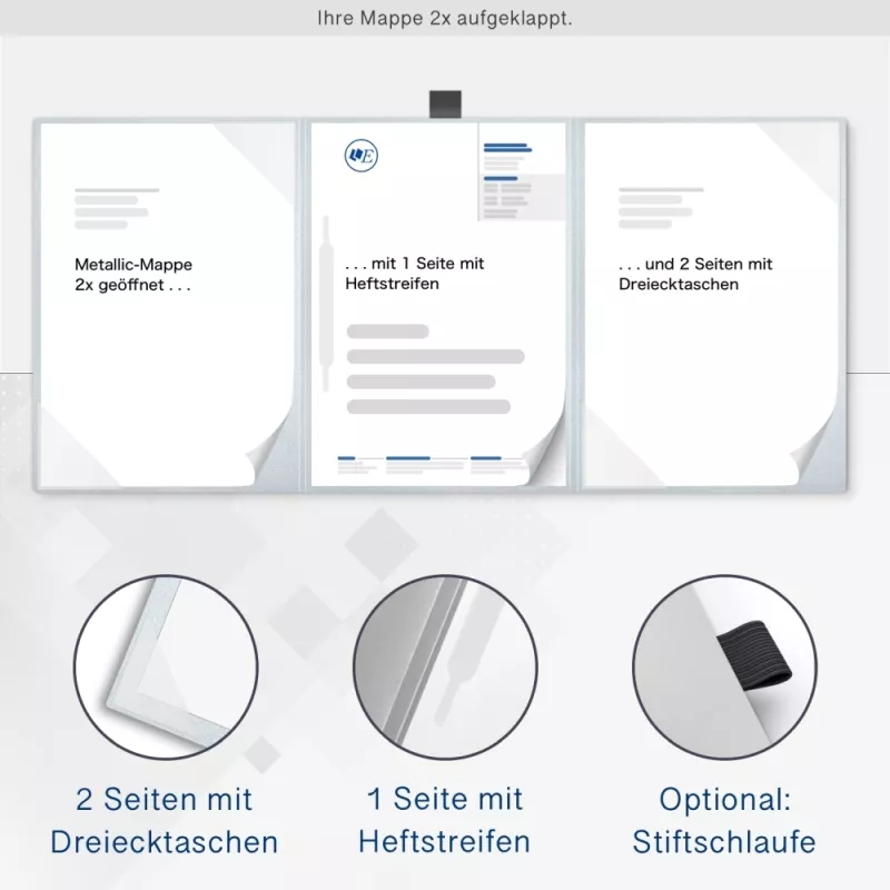 Karton-Mappe mit Metallic-Effekt 3-teilig in Silber mit 2 Seiten Dreiecktaschen und 1 Heftstreifen