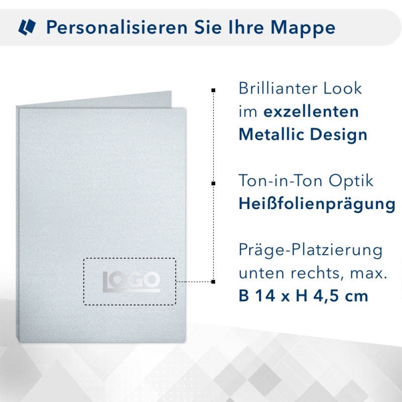 Karton-Mappe mit Metallic-Effekt 3-teilig in Silber mit 2 Seiten Dreiecktaschen und 1 Heftstreifen