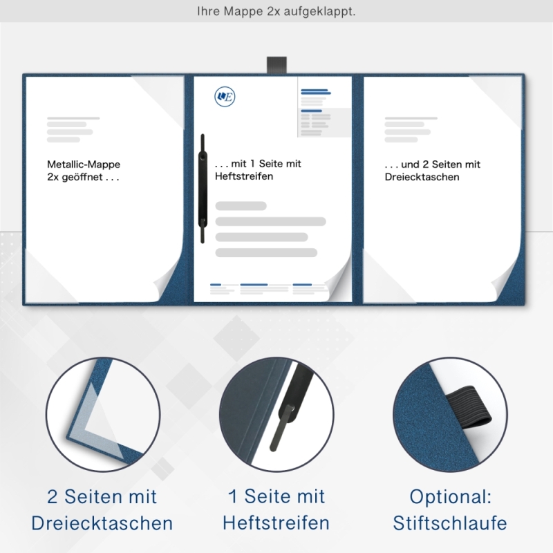Karton-Mappe mit Metallic-Effekt 3-teilig in Nachtblau mit 2 Seiten Dreiecktaschen und 1 Heftstreifen