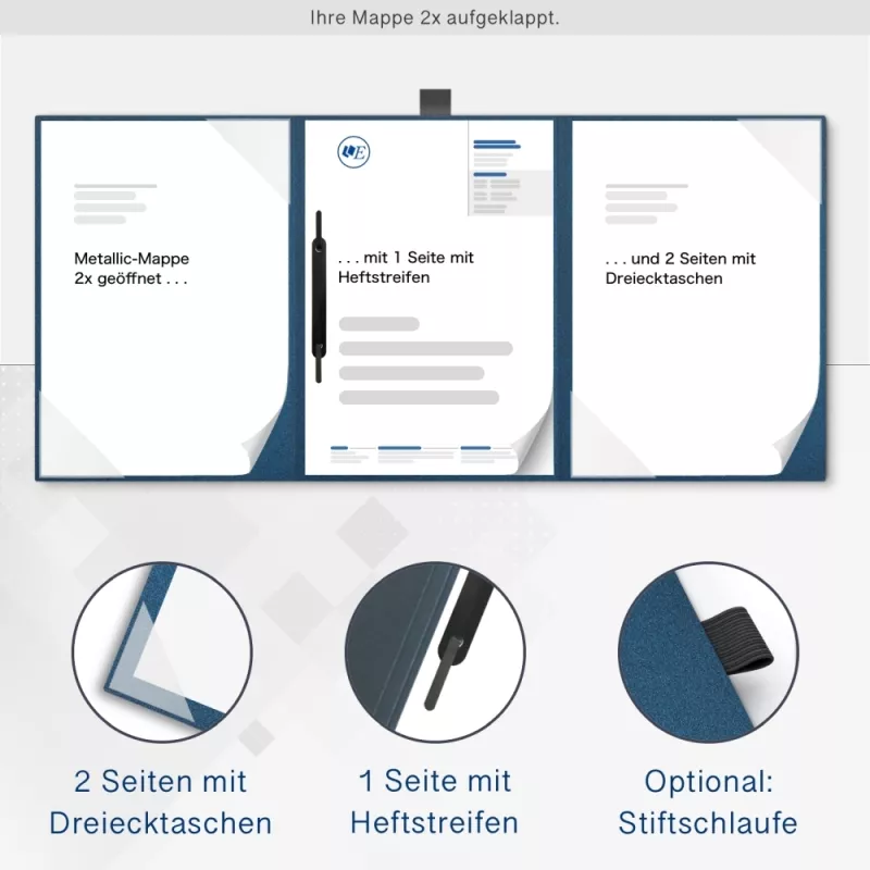 Karton-Mappe mit Metallic-Effekt 3-teilig in Nachtblau mit 2 Seiten Dreiecktaschen und 1 Heftstreifen