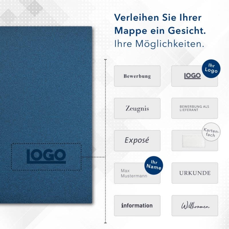 Karton-Mappe mit Metallic-Effekt 3-teilig in Nachtblau mit 2 Seiten Dreiecktaschen und 1 Heftstreifen
