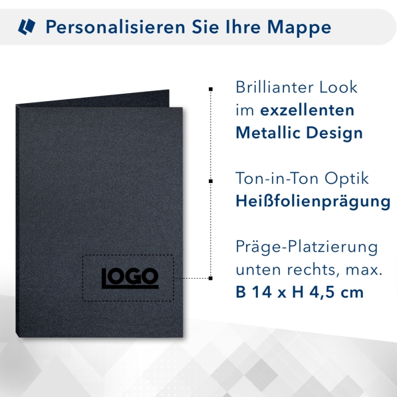 Karton-Mappe mit Metallic-Effekt 3-teilig in Anthrazit mit 2 Seiten Dreiecktaschen und 1 Heftstreifen