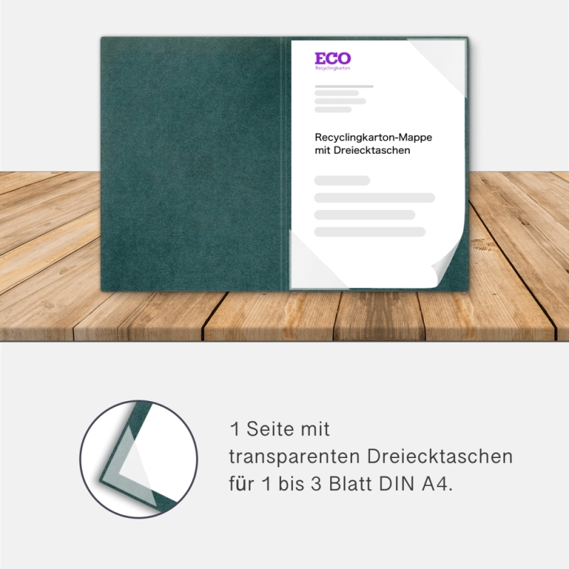 Recyclingkarton-Mappe 1-teilig in Tannengrün mit Dreiecktaschen