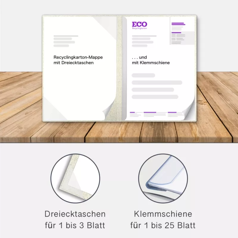 Recyclingkarton-Mappe 2-teilig aus Graspapier mit Dreiecktaschen und 1 Klemmschiene