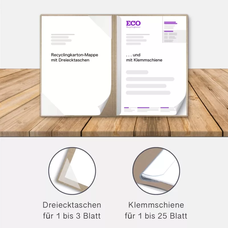 Recyclingkarton-Mappe 2-teilig aus Kraftkarton mit Dreiecktaschen und 1 Klemmschiene