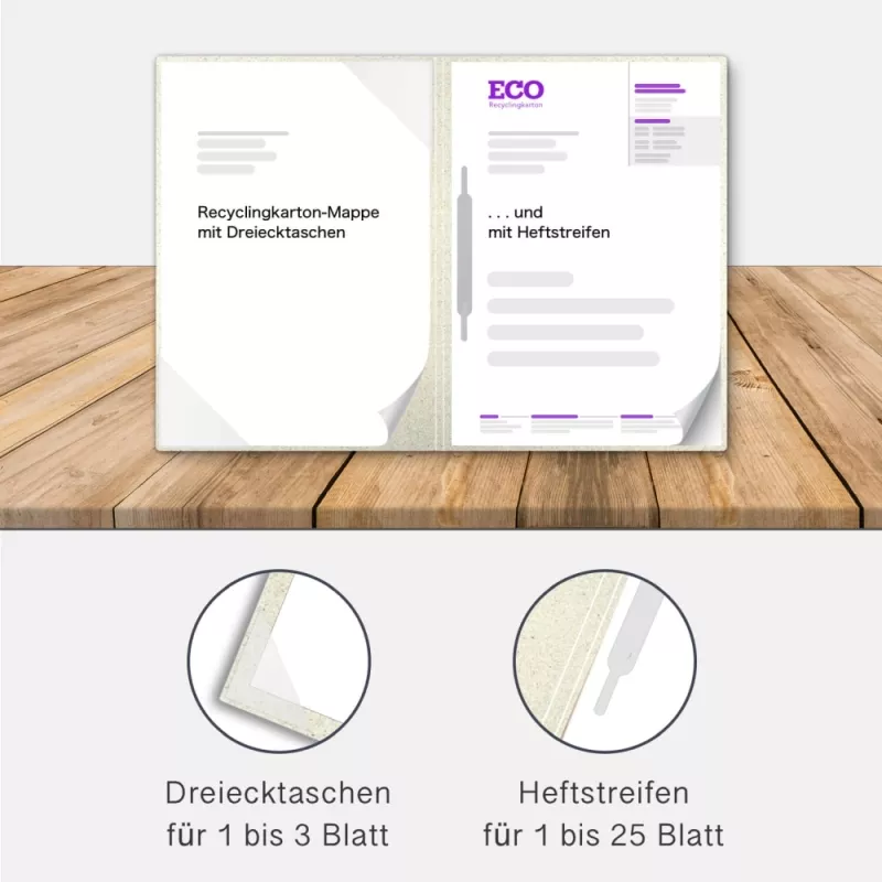 Recyclingkarton-Mappe 2-teilig aus Graspapier mit Dreiecktaschen und 1 Heftstreifen