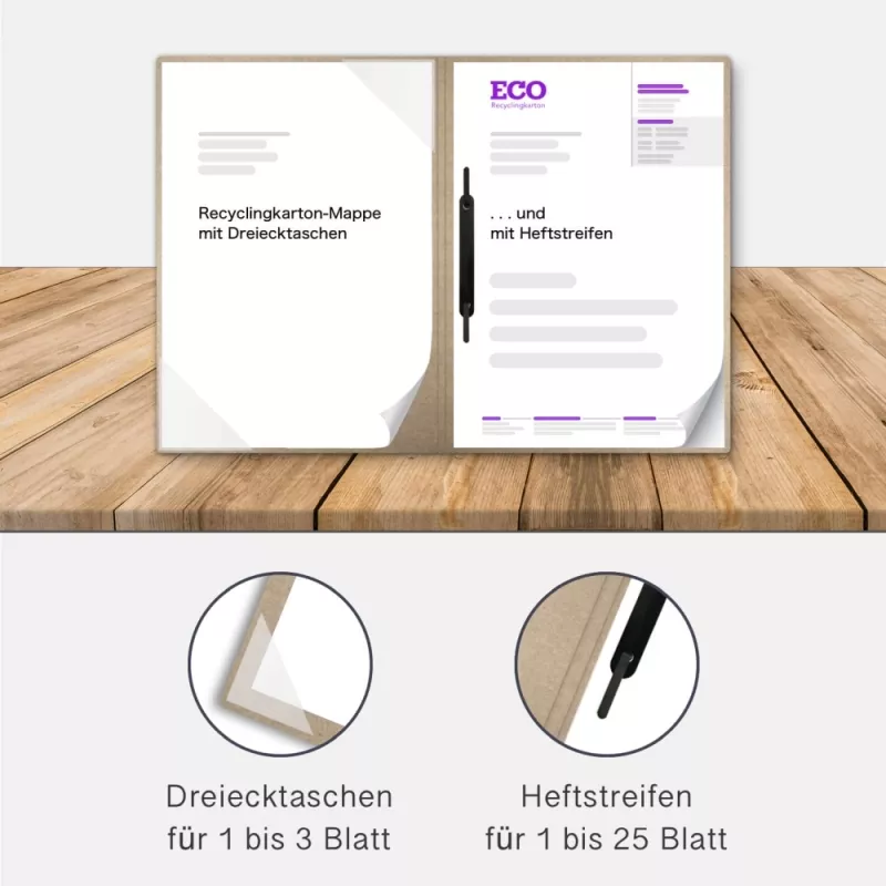 Recyclingkarton-Mappe 2-teilig aus Kraftkarton mit Dreiecktaschen und 1 Heftstreifen