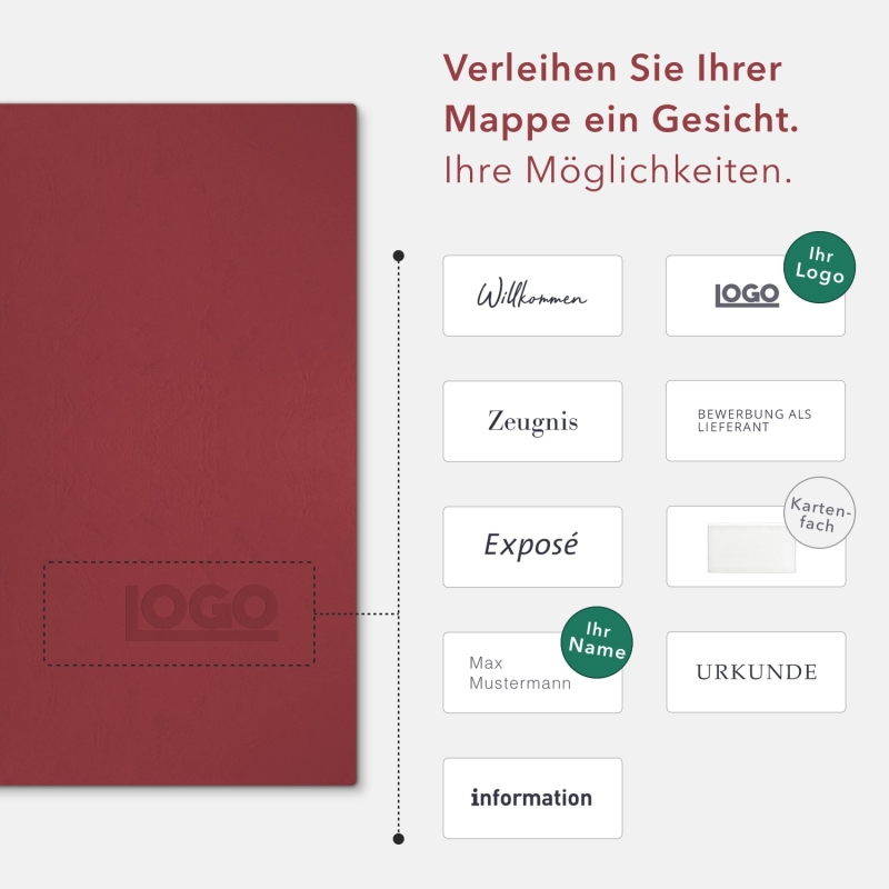 Karton-Mappe mit Lederstruktur 3-teilig in Bordeaux mit Kartoneinschüben und 2 Heftstreifen