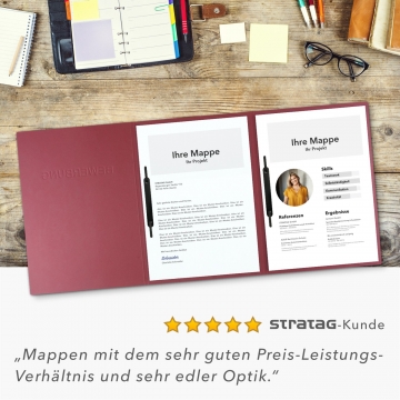 Karton-Mappe mit Lederstruktur 3-teilig in Bordeaux mit Kartoneinschüben und 2 Heftstreifen