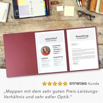 Karton-Mappe mit Lederstruktur 3-teilig in Bordeaux mit Kartoneinschüben und 2 Klemmschienen