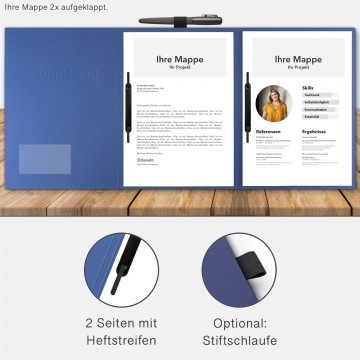 Karton-Mappe mit Lederstruktur 3-teilig in Blau mit Kartoneinschüben und 2 Heftstreifen