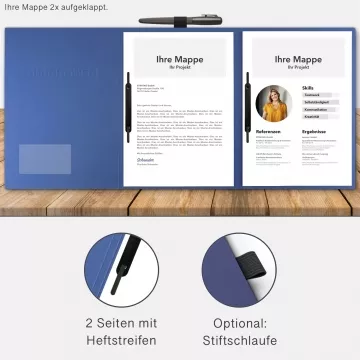 Karton-Mappe mit Lederstruktur 3-teilig in Blau mit Kartoneinschüben und 2 Heftstreifen