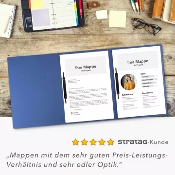 Karton-Mappe mit Lederstruktur 3-teilig in Blau mit Kartoneinschüben und 2 Heftstreifen