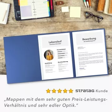 Karton-Mappe mit Lederstruktur 3-teilig in Blau mit Kartoneinschüben und 2 Klemmschienen