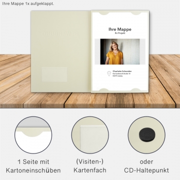 Karton-Mappe mit Lederstruktur 3-teilig in Creme mit Kartoneinschüben und 2 Heftstreifen