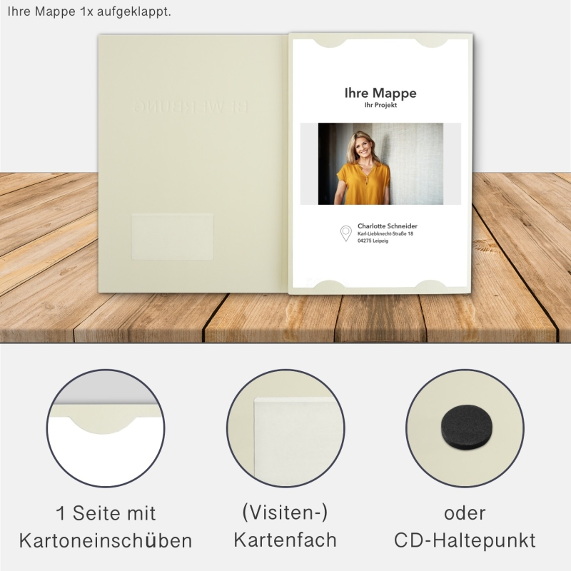 Karton-Mappe mit Lederstruktur 3-teilig in Creme mit Kartoneinschüben und 2 Klemmschienen