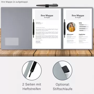Karton-Mappe mit Lederstruktur 3-teilig in Grau mit Kartoneinschüben und 2 Heftstreifen