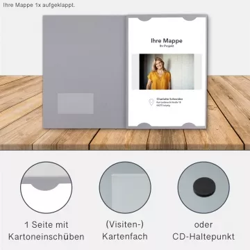Karton-Mappe mit Lederstruktur 3-teilig in Grau mit Kartoneinschüben und 2 Klemmschienen