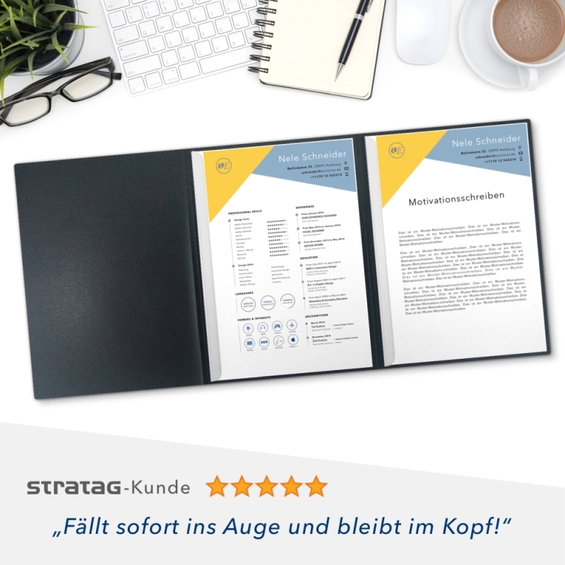 Karton-Mappe mit Metallic-Effekt 3-teilig in Anthrazit mit Dreiecktaschen (re.) und 2 Heftstreifen