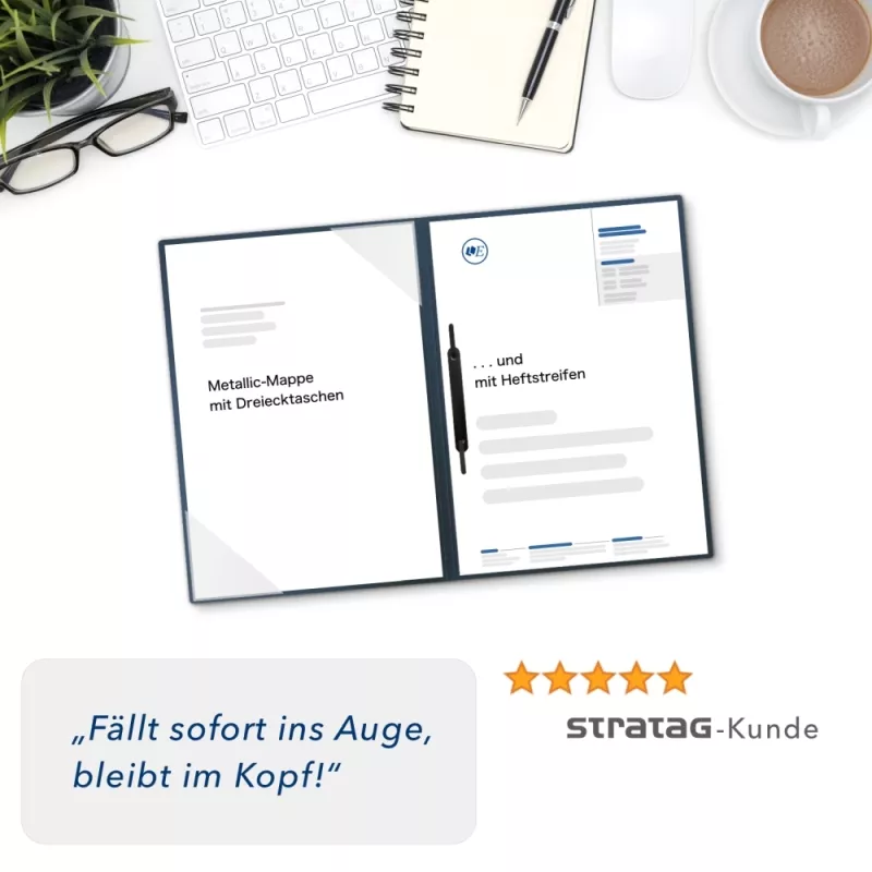 Karton-Mappe mit Metallic-Effekt 2-teilig in Nachtblau mit Dreiecktaschen und 1 Heftstreifen