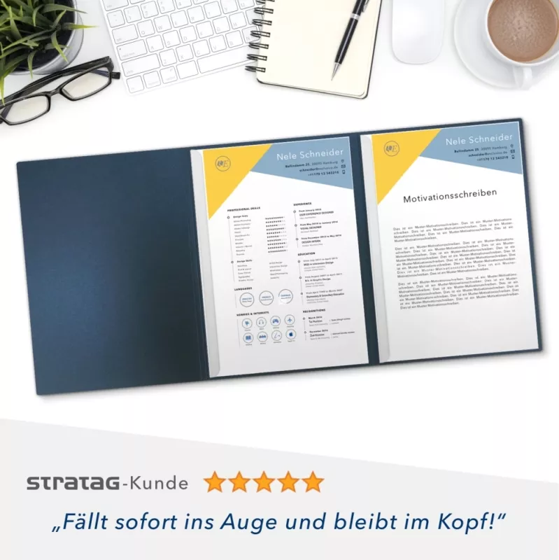 Karton-Mappe mit Metallic-Effekt 3-teilig in Nachtblau mit runder Metallklammer (re.) und 2 Heftstreifen
