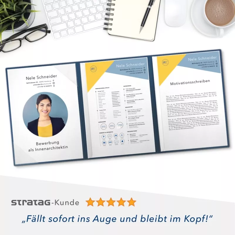 Karton-Mappe mit Metallic-Effekt 3-teilig in Nachtblau mit Dreiecktaschen (li.) und 2 Klemmschienen