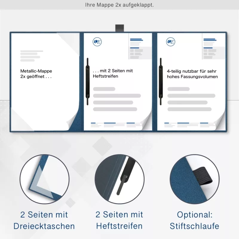 Karton-Mappe mit Metallic-Effekt 4-teilig in Nachtblau mit 2 Seiten Dreiecktaschen und 2 Heftstreifen