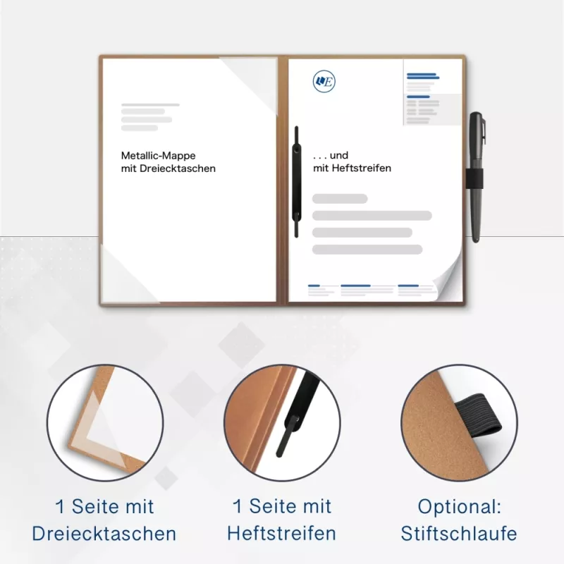 Karton-Mappe mit Metallic-Effekt 2-teilig in Kupfer mit Dreiecktaschen und 1 Heftstreifen