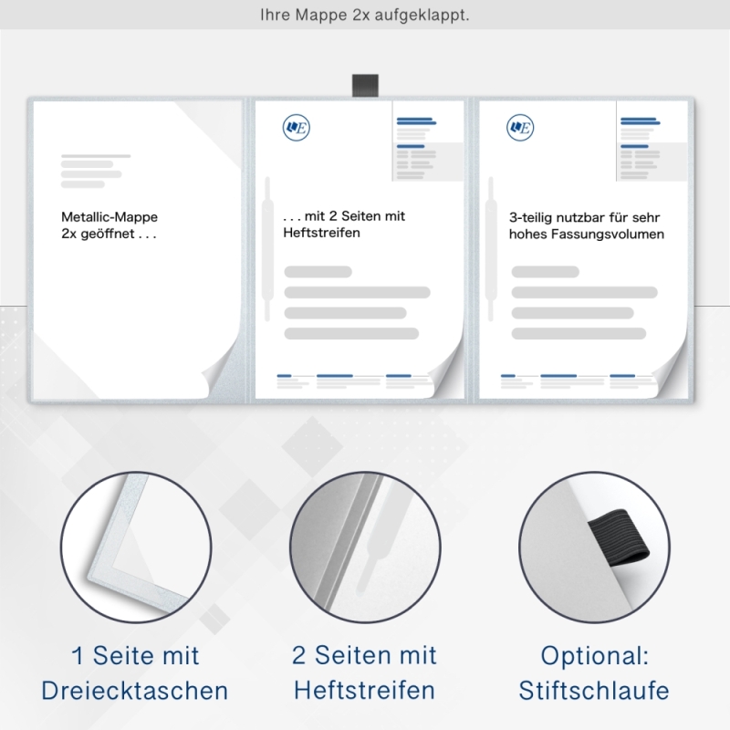 Karton-Mappe mit Metallic-Effekt 3-teilig in Silber mit Dreiecktaschen (li.) und 2 Heftstreifen