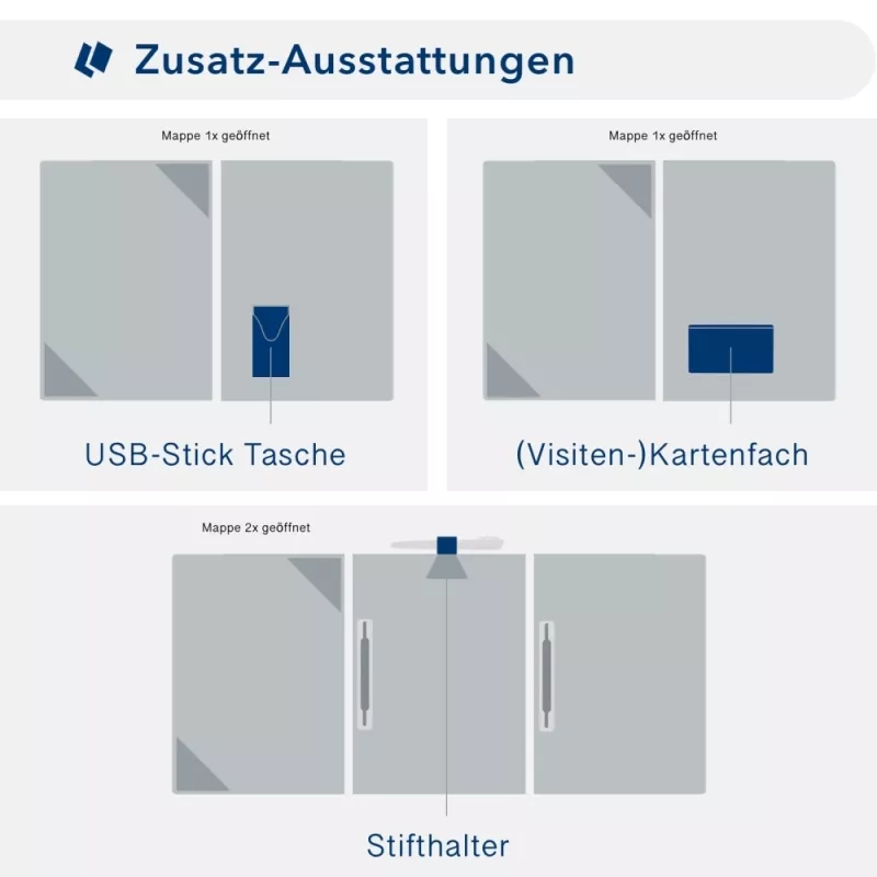 Karton-Mappe mit Metallic-Effekt 3-teilig in Silber mit Dreiecktaschen (li.) und 2 Heftstreifen