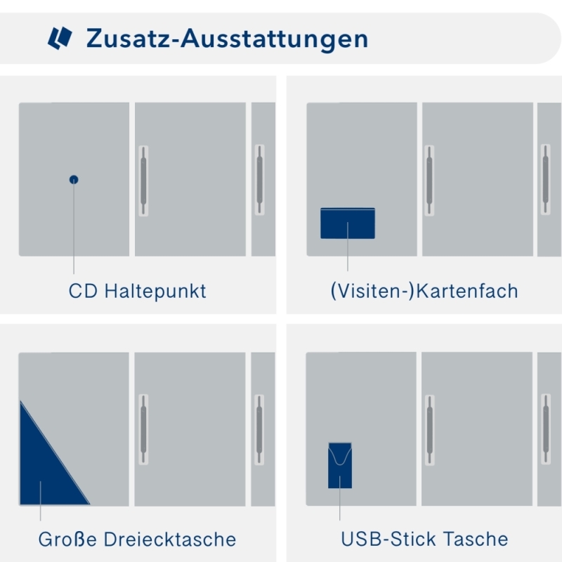 Karton-Mappe mit Metallic-Effekt 3-teilig in Silber mit Dreiecktaschen (re.) und 2 Heftstreifen