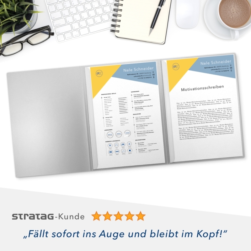 Karton-Mappe mit Metallic-Effekt 3-teilig in Silber mit Dreiecktaschen (re.) und 2 Heftstreifen