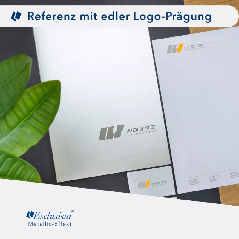 Karton-Mappe mit Metallic-Effekt 3-teilig in Silber mit Dreiecktaschen (li.) und 2 Klemmschienen