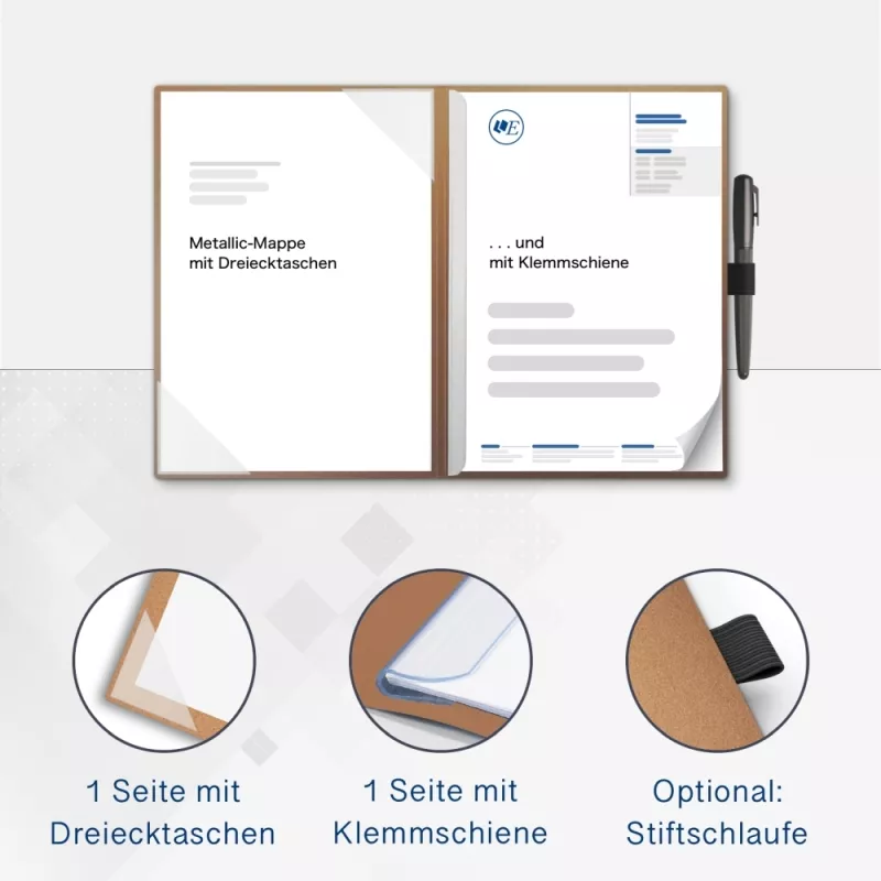 Karton-Mappe mit Metallic-Effekt 2-teilig in Kupfer mit Dreiecktaschen und 1 Klemmschiene