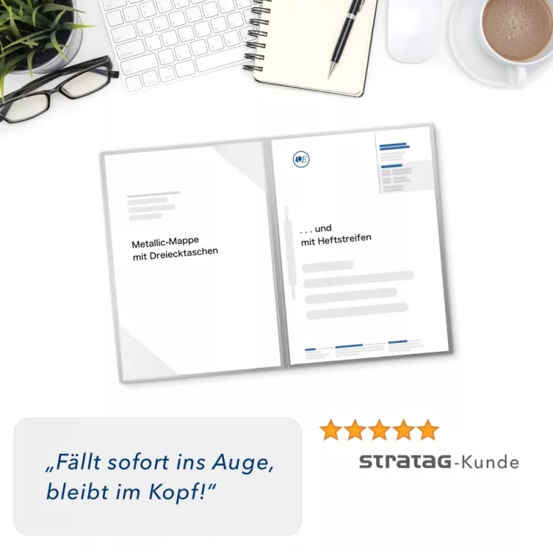 Karton-Mappe mit Metallic-Effekt 2-teilig in Kristallweiß mit Dreiecktaschen und 1 Heftstreifen