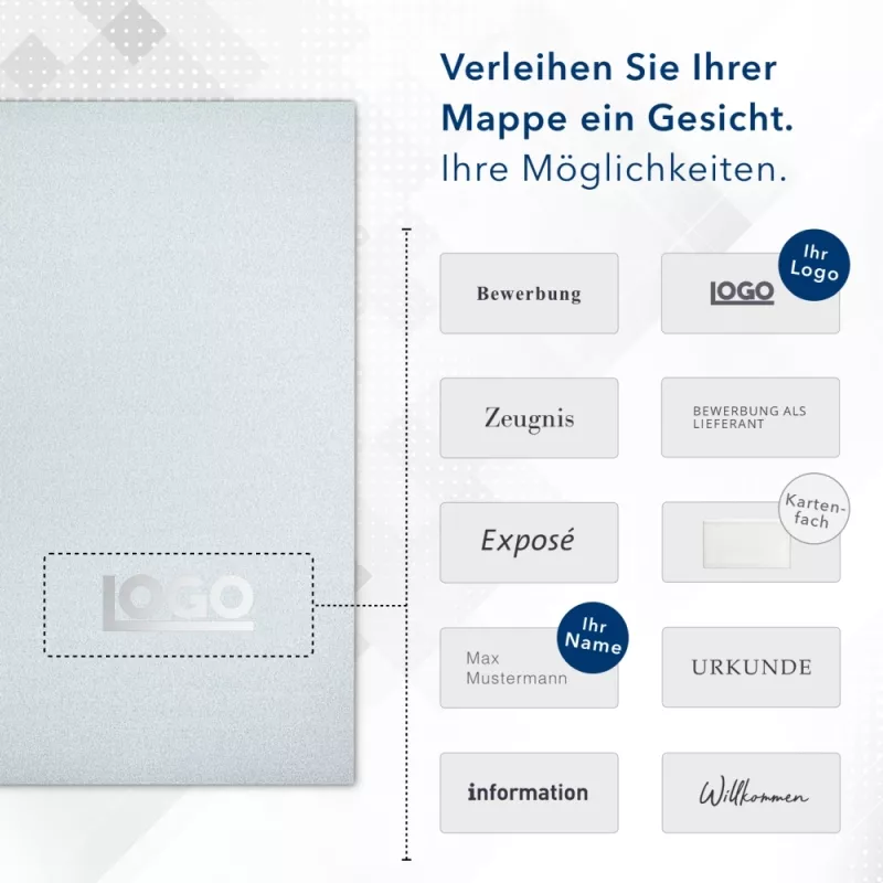 Karton-Mappe mit Metallic-Effekt 3-teilig in Silber mit runder Metallklammer (re.) und 2 Heftstreifen