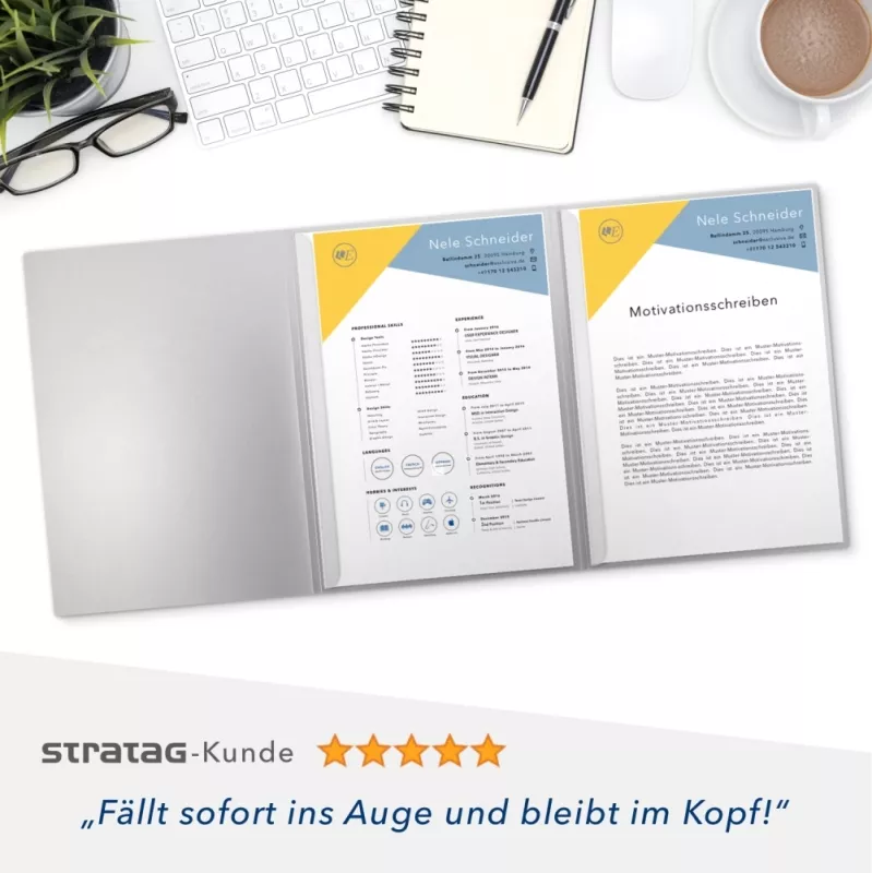 Karton-Mappe mit Metallic-Effekt 3-teilig in Silber mit runder Metallklammer (re.) und 2 Heftstreifen