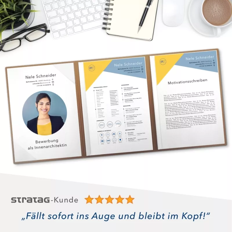 Karton-Mappe mit Metallic-Effekt 3-teilig in Kupfer mit Dreiecktaschen (li.) und 2 Heftstreifen